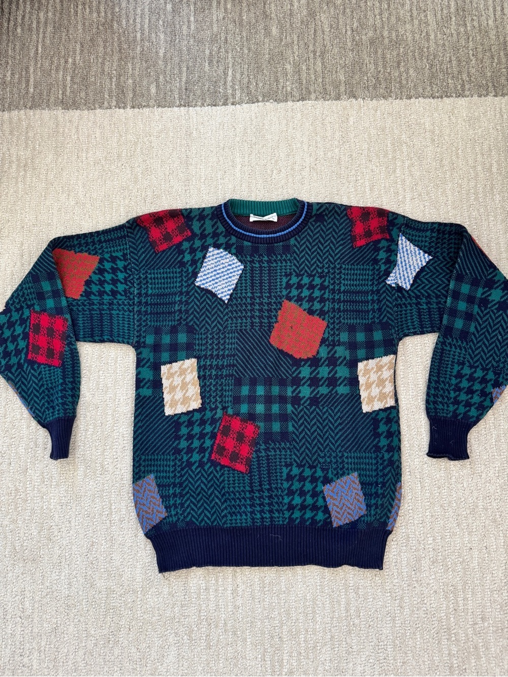 Men's Green Patchwork-Print Crewneck Sweater